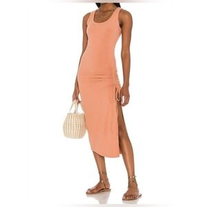 L*Space Sandpiper Dress Putty‎ Orange Ribbed Midi Side Slit Ruched SANDR21 Small